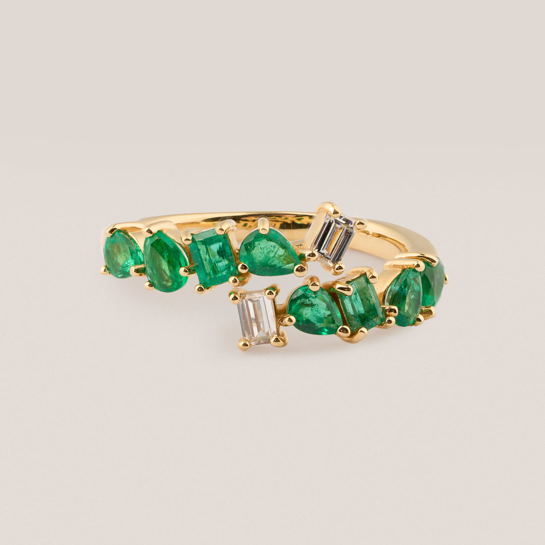 Zelen Emerald and Diamond Asymmetrical Wrap Ring