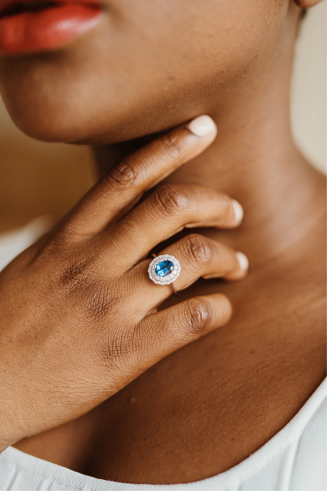 Azure Oval Blue Kyanite and Double Diamond Halo Ring