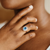 Azure Oval Blue Kyanite and Double Diamond Halo Ring