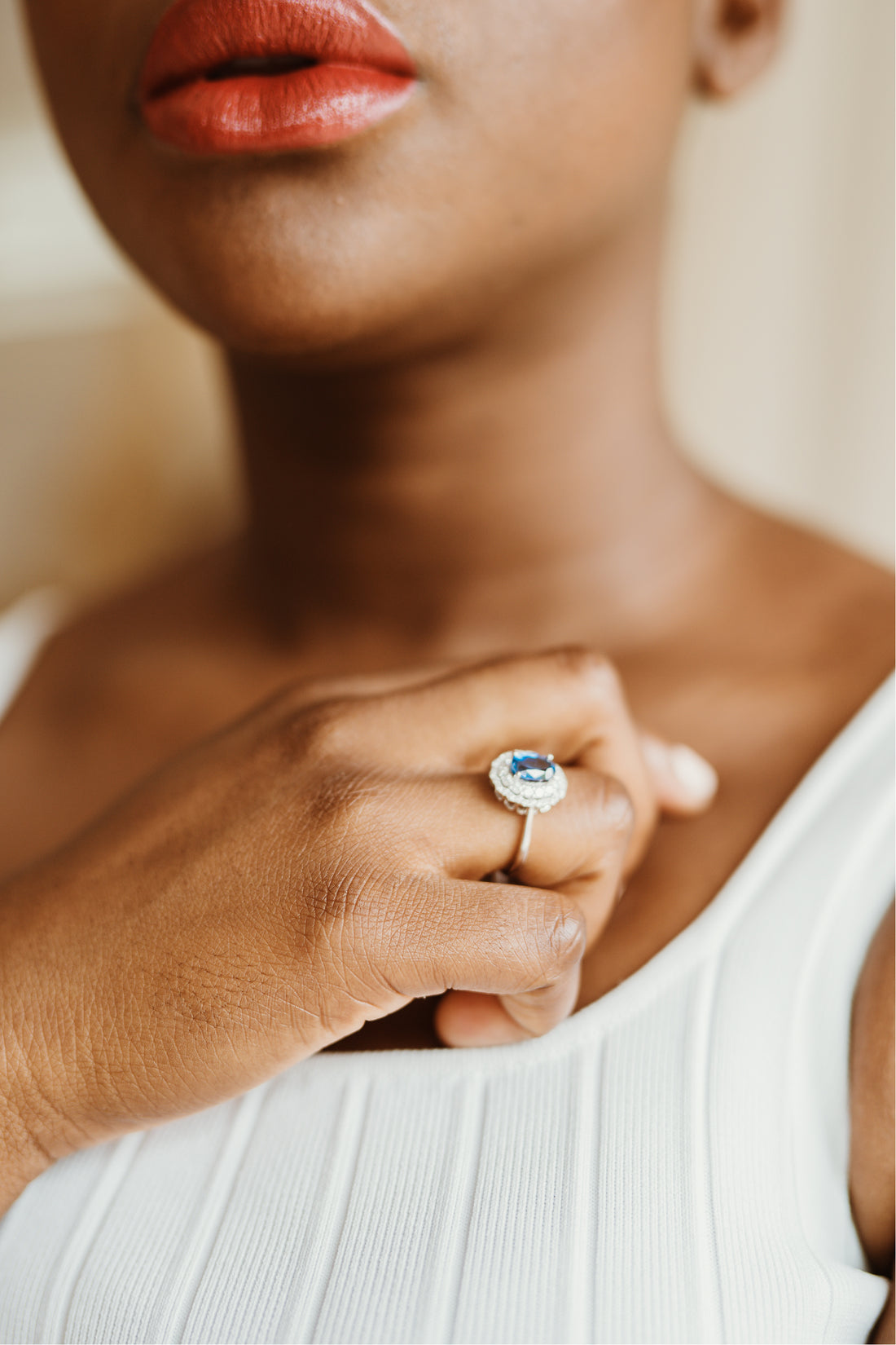 Azure Oval Blue Kyanite and Double Diamond Halo Ring