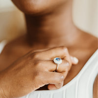 Azure Oval Blue Kyanite and Double Diamond Halo Ring