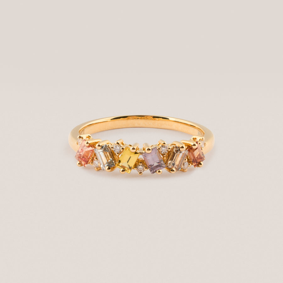Laurent Fancy Baguette Coloured Sapphire and Diamond Ring in yellow gold
