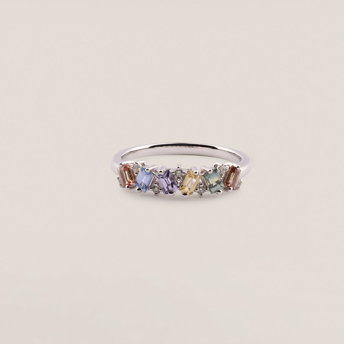 Laurent Fancy Baguette Coloured Sapphire and Diamond Ring in white gold