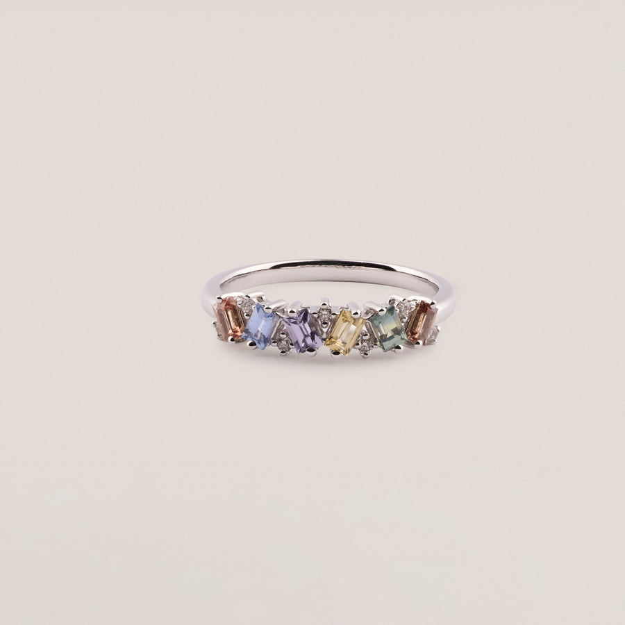Laurent Fancy Baguette Coloured Sapphire and Diamond Ring in white gold