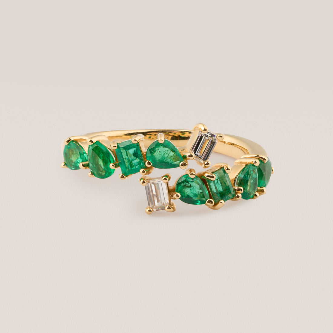Zelen Emerald and Diamond Asymmetrical Wrap Ring